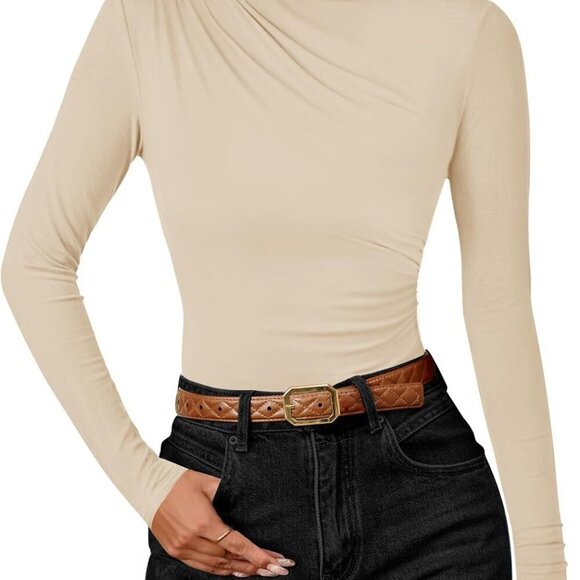Tops - Women's Long Sleeve Ruched Neck Top Durable Viscose Slim Fit Fall Outfits